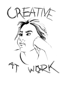 Text arching around image says: Creative At Work, with a line work self portrait of artist puffing cheeks and staring off into the distance.